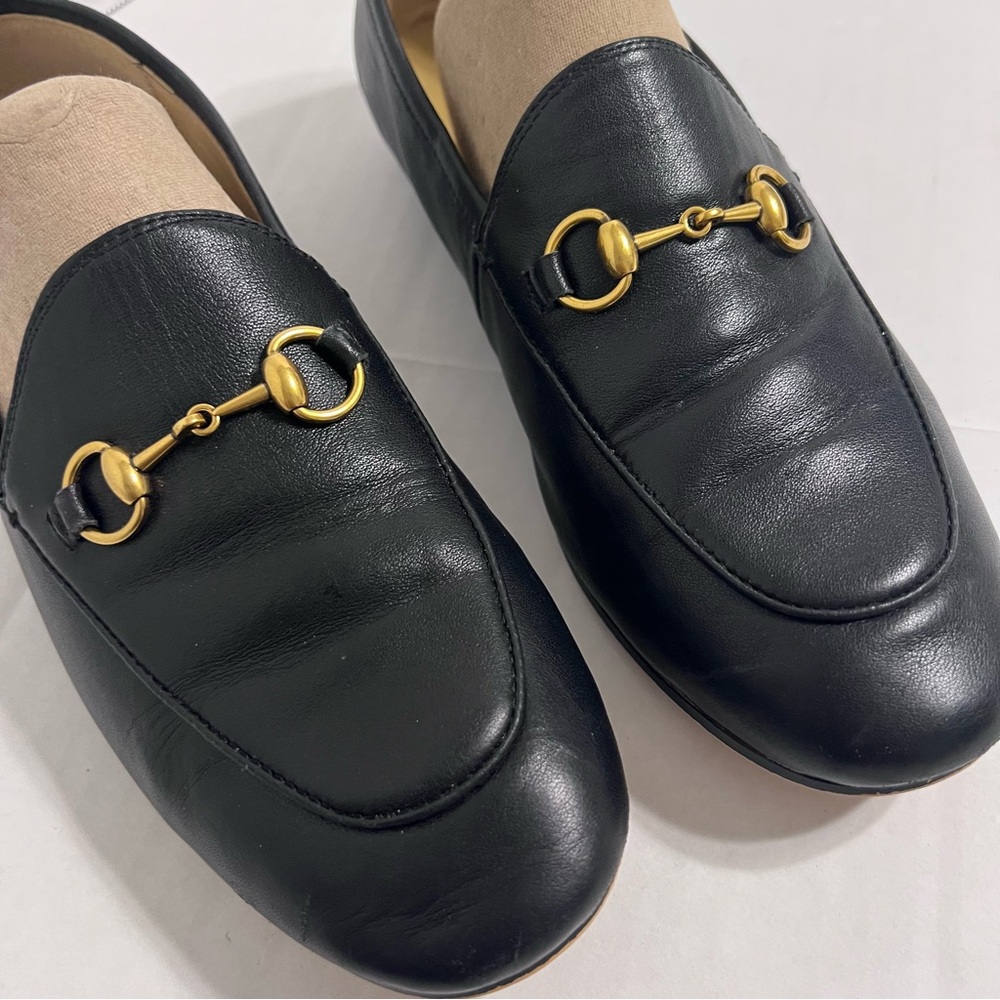 GUCCI Calfskin Jordaan Black Leather Loafers Horsebit Gold Hardware Size 38 - Picture 6 of 10